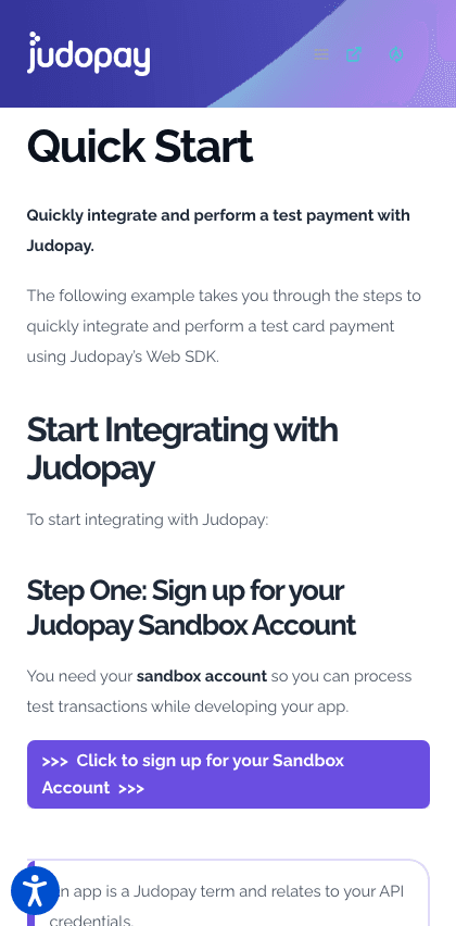 judopay documentation portal mobile view