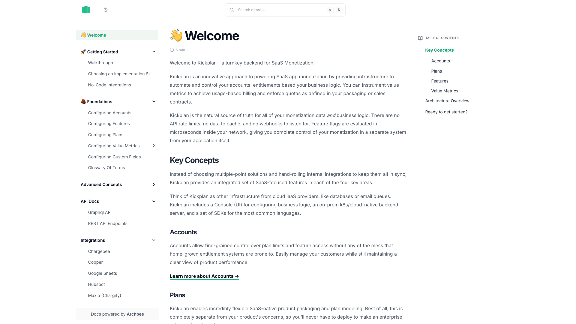 Kickplan documentation portal desktop view