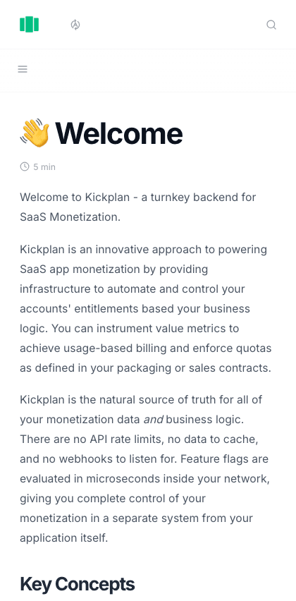 Kickplan documentation portal mobile view