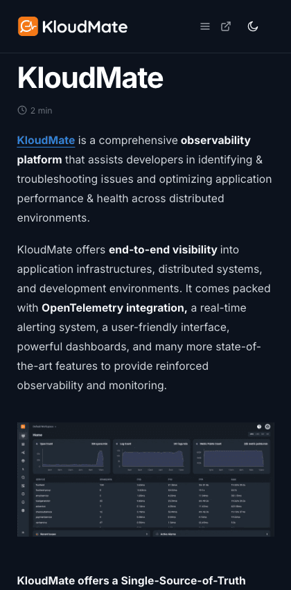 Kloud Mate documentation portal mobile view