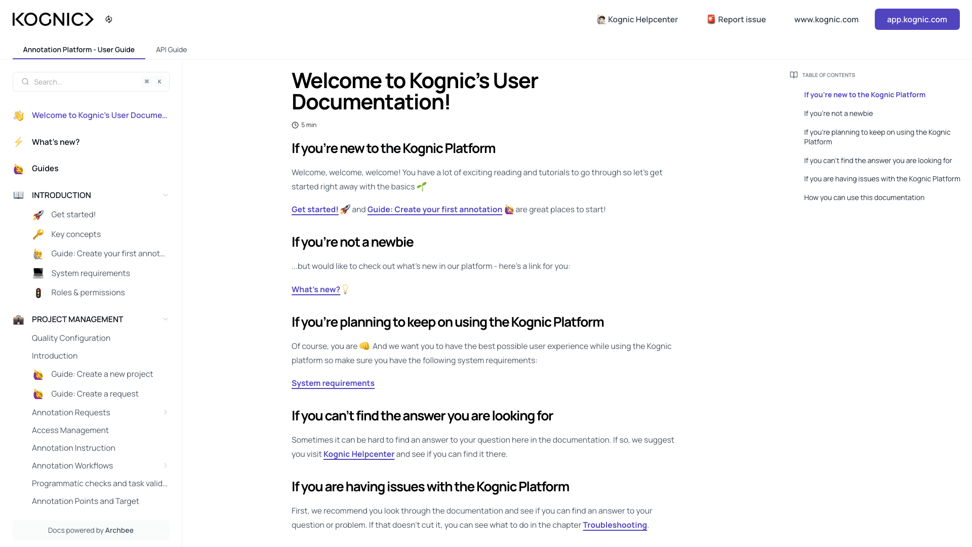 Kognic documentation portal desktop view