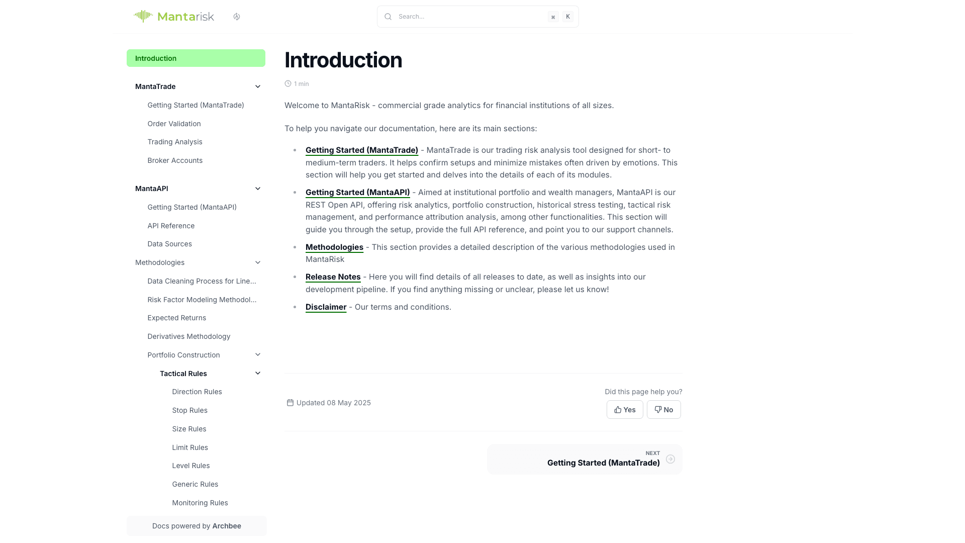MantaRisk documentation portal desktop view