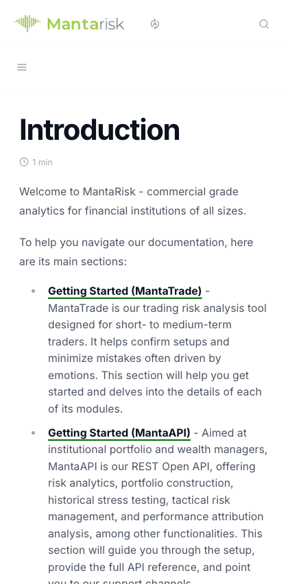 MantaRisk documentation portal mobile view