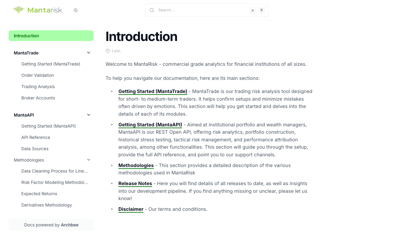 MantaRisk documentation portal