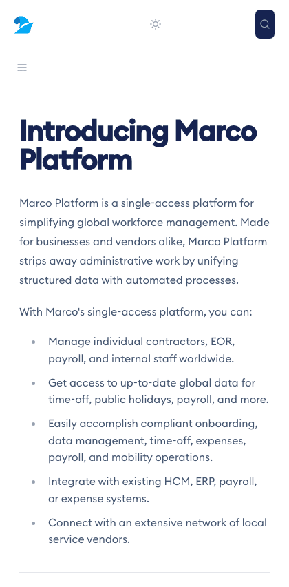 Marco documentation portal mobile view