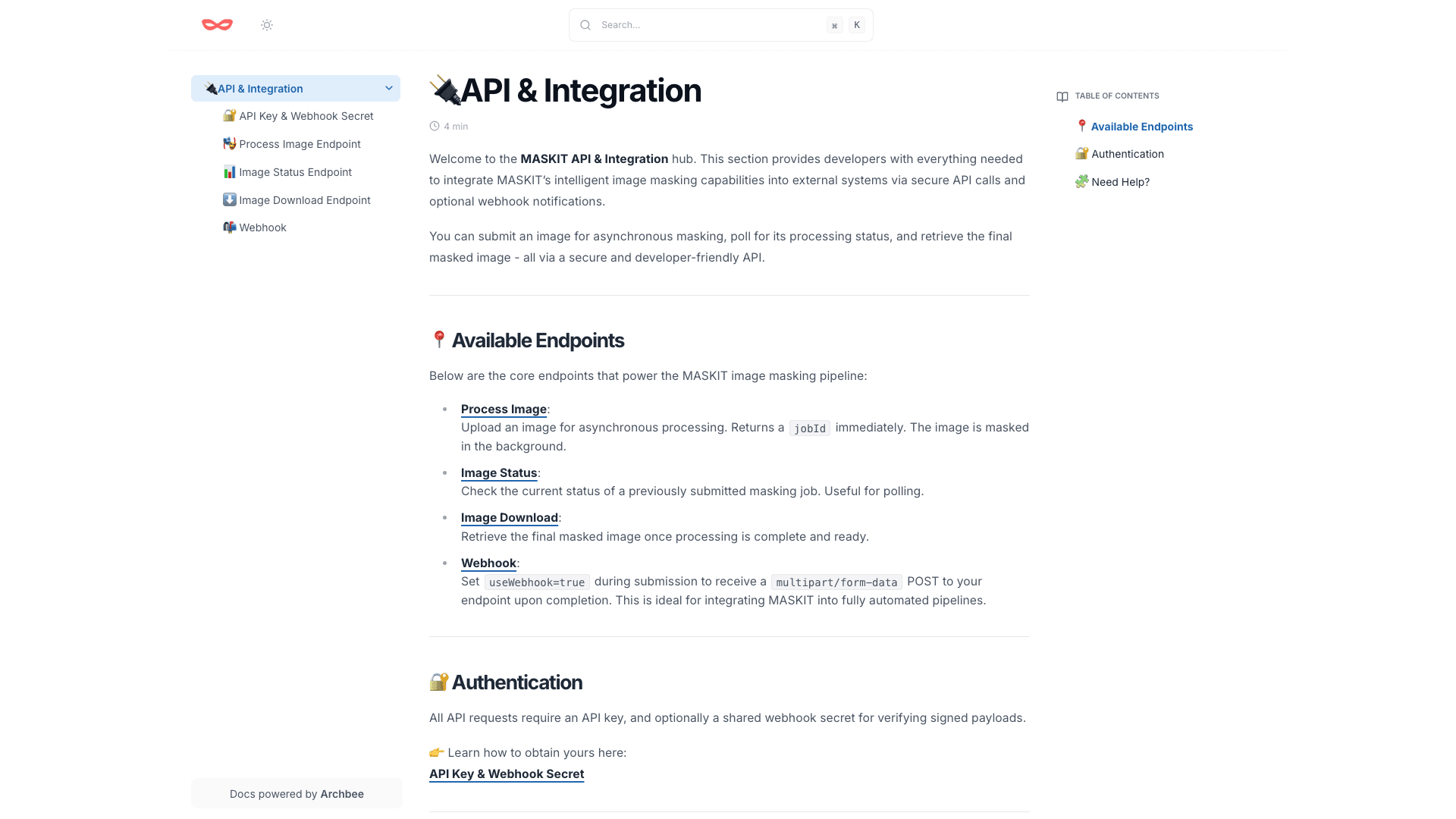 Maskit documentation portal desktop view