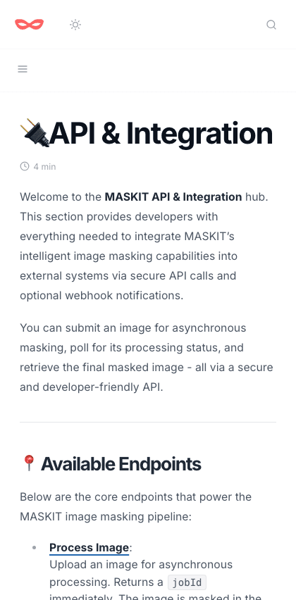 Maskit documentation portal mobile view