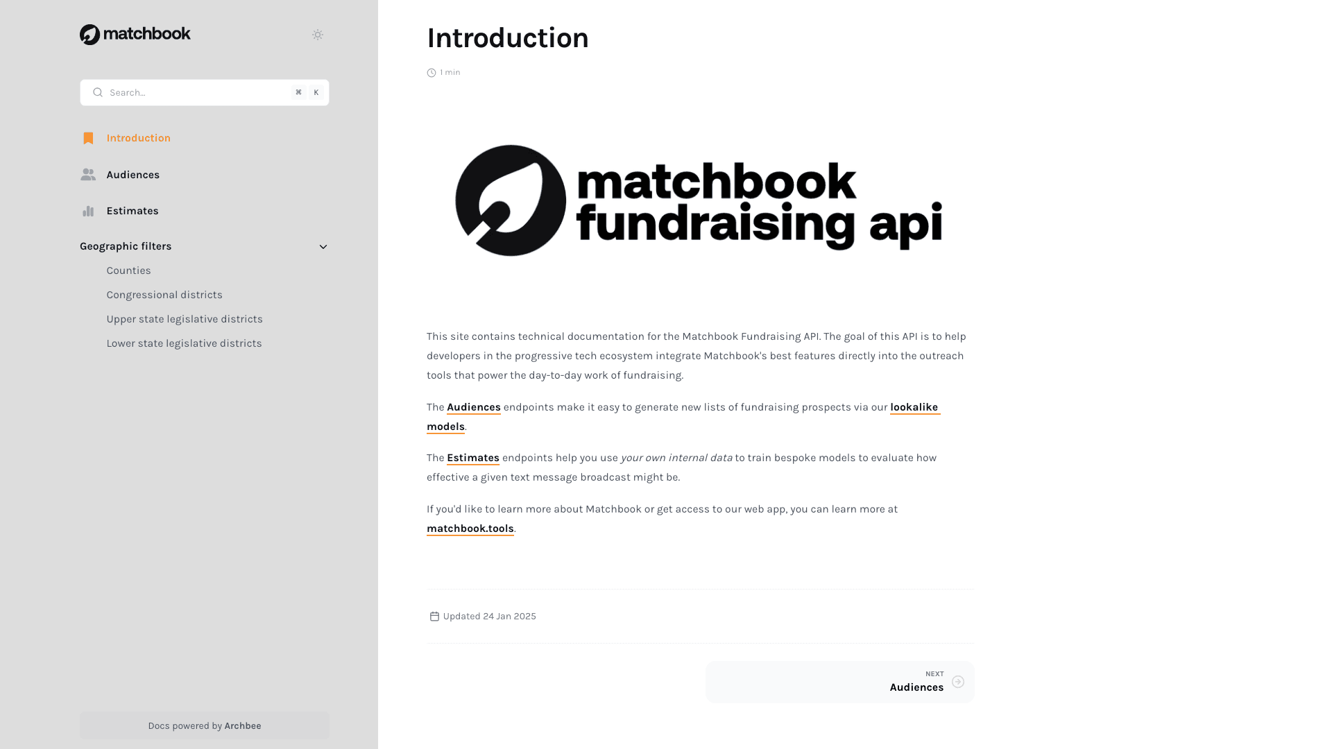 Matchbook documentation portal desktop view