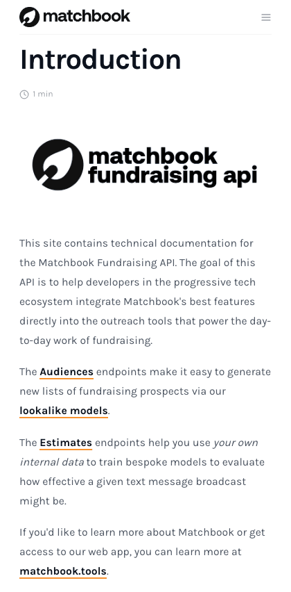 Matchbook documentation portal mobile view