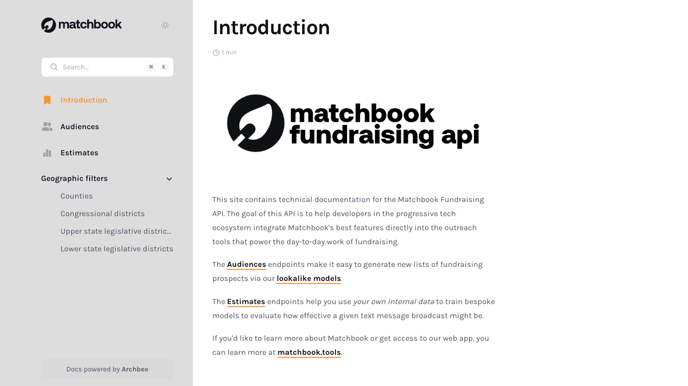 Matchbook documentation portal