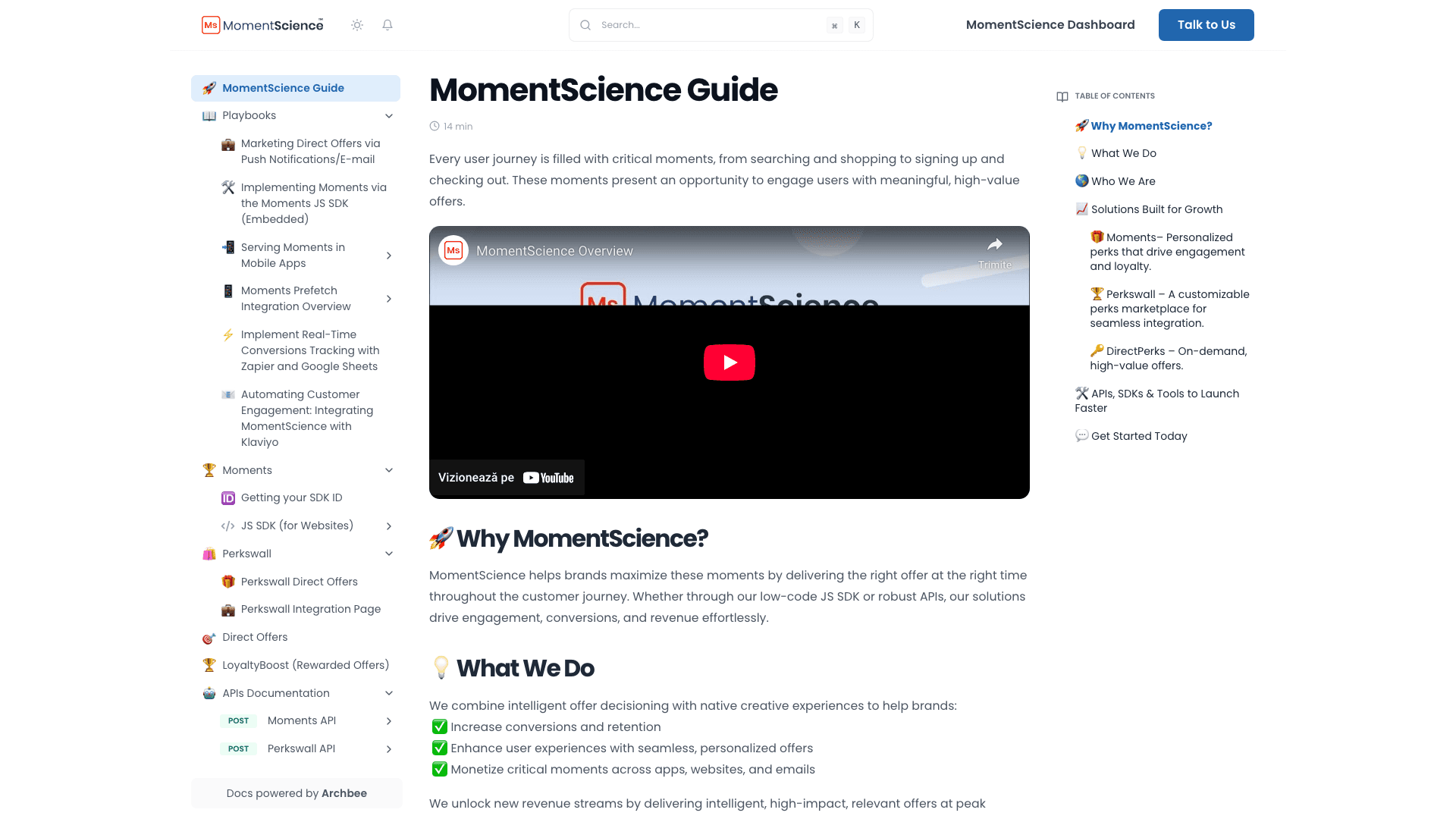 MomentScience documentation portal desktop view