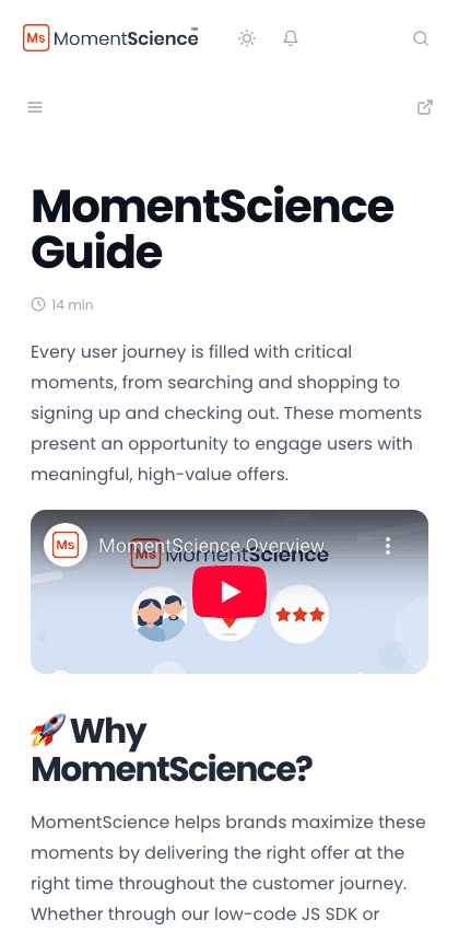 MomentScience documentation portal mobile view
