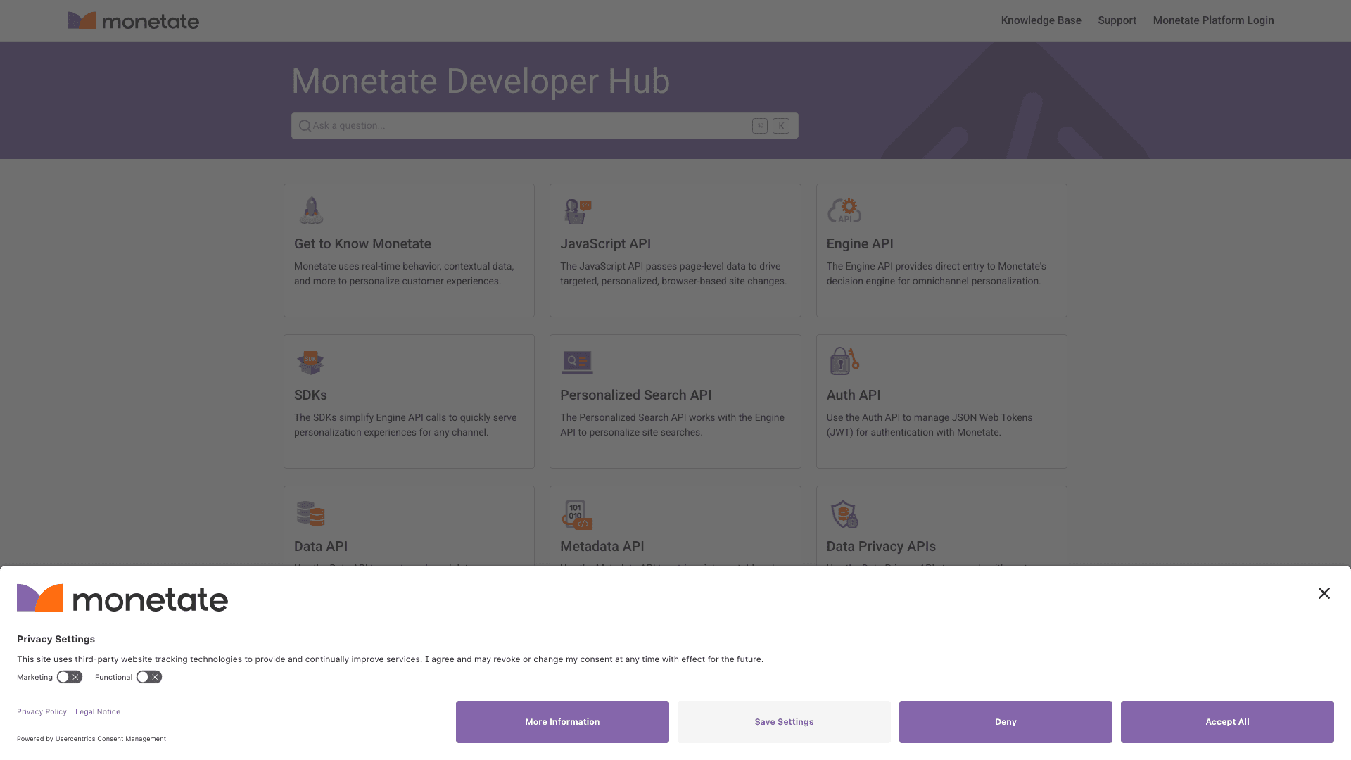 Monetate documentation portal desktop view