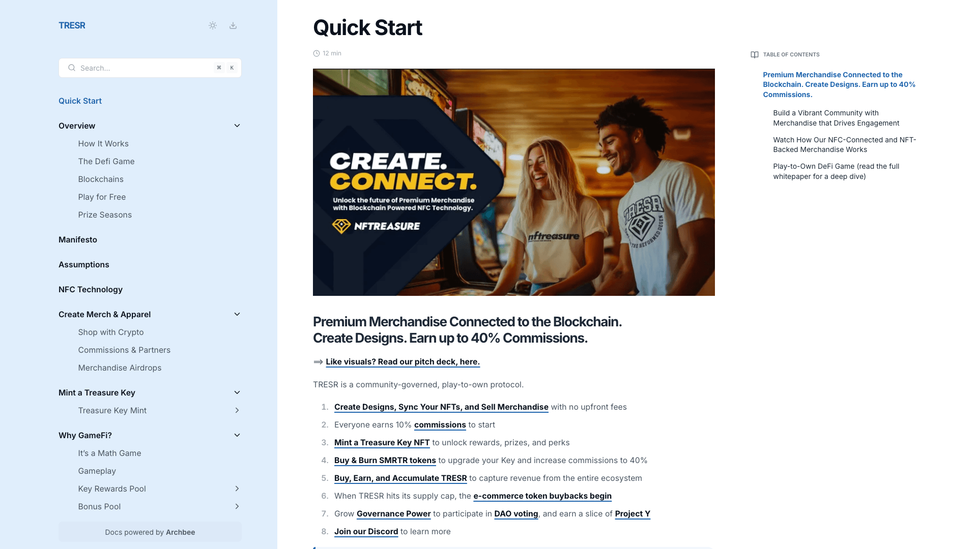 Nftreasure documentation portal desktop view