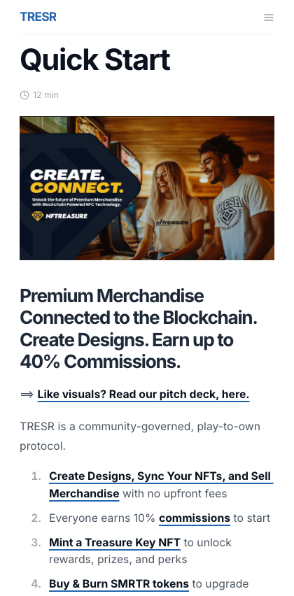 Nftreasure documentation portal mobile view