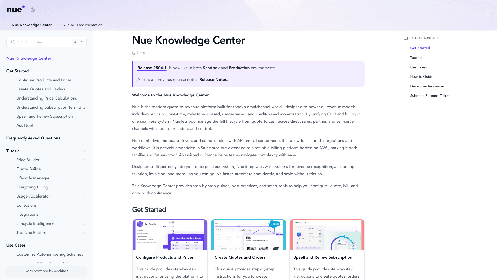 Nue documentation portal desktop view