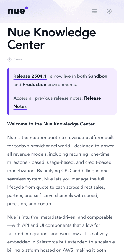 Nue documentation portal mobile view