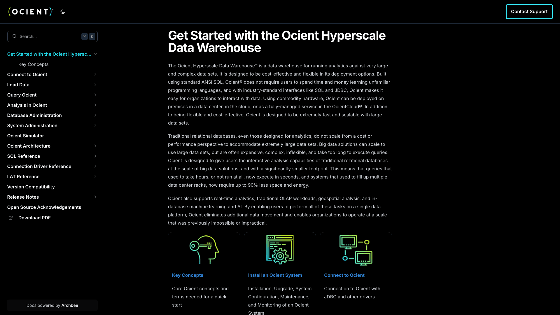 Ocient documentation portal desktop view