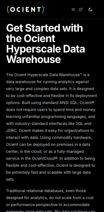 Ocient documentation portal mobile view