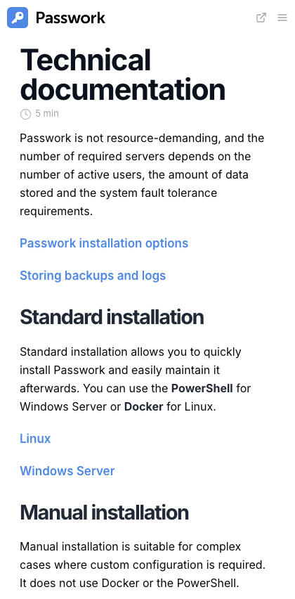 Passwork documentation portal mobile view