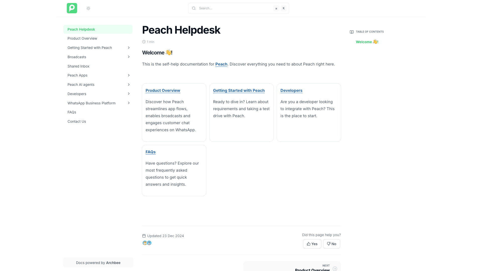 Peach documentation portal desktop view