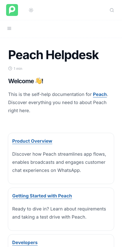 Peach documentation portal mobile view
