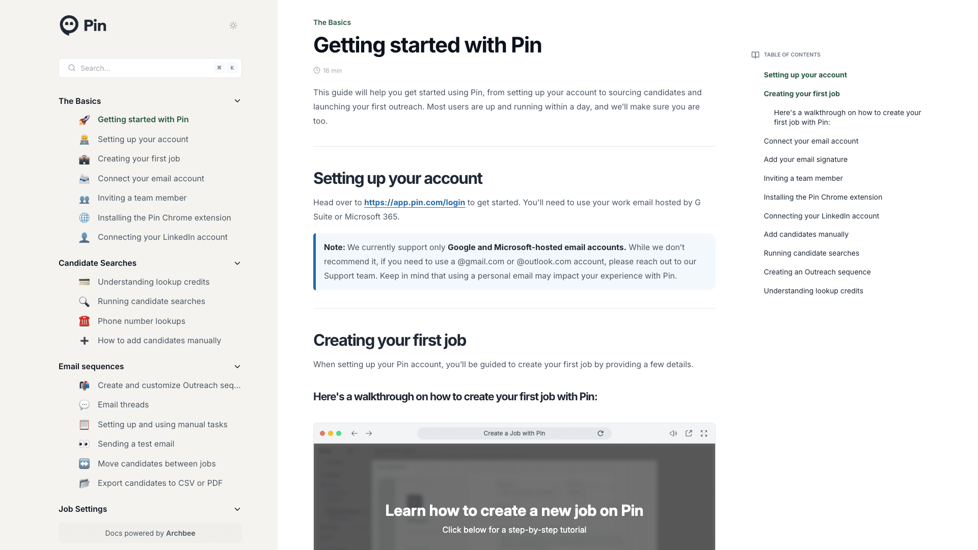 Pin documentation portal desktop view
