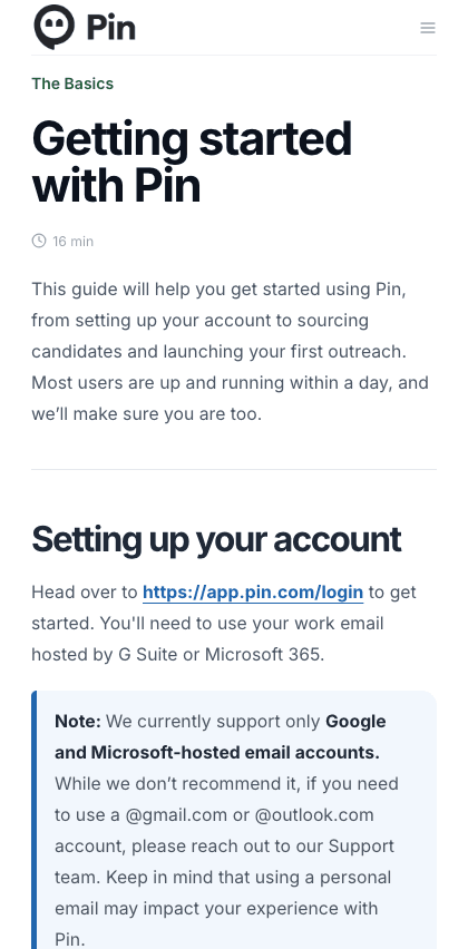 Pin documentation portal mobile view