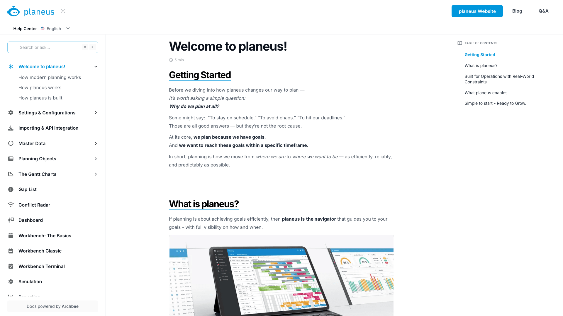 Planeus Solutions documentation portal desktop view