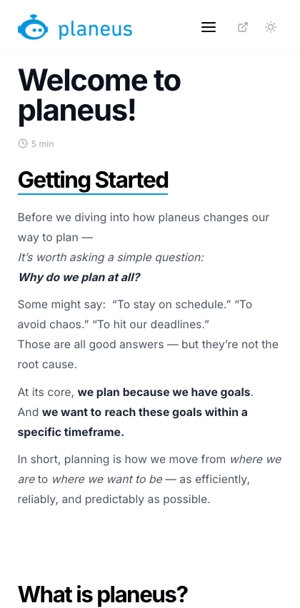 Planeus Solutions documentation portal mobile view