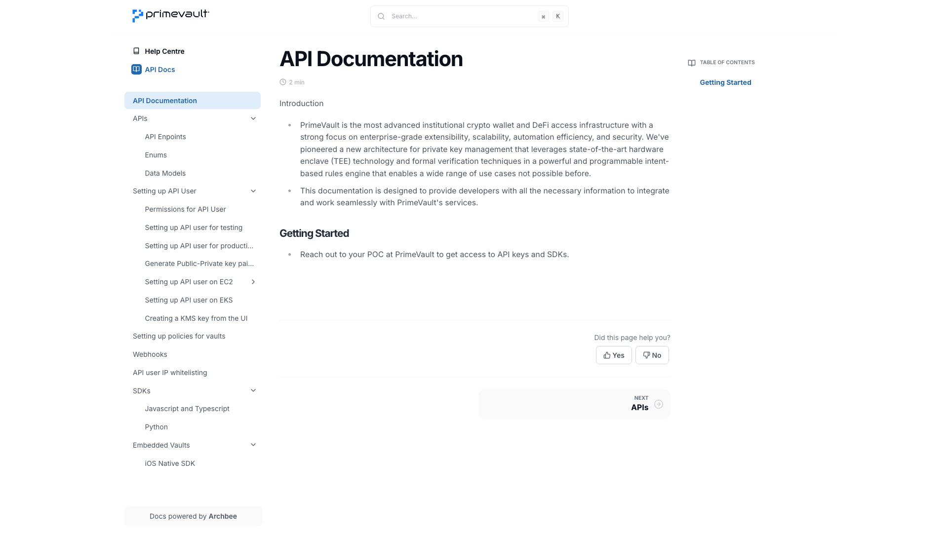 primevault documentation portal desktop view