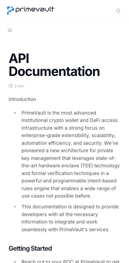 primevault documentation portal mobile view