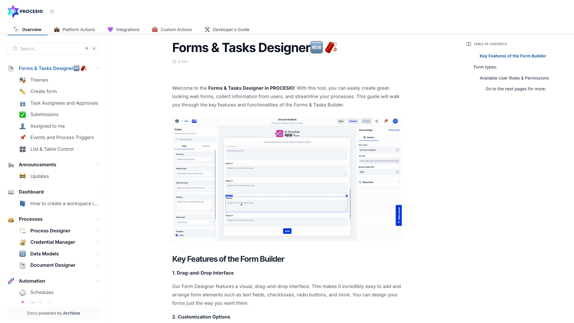 Procesio documentation portal desktop view
