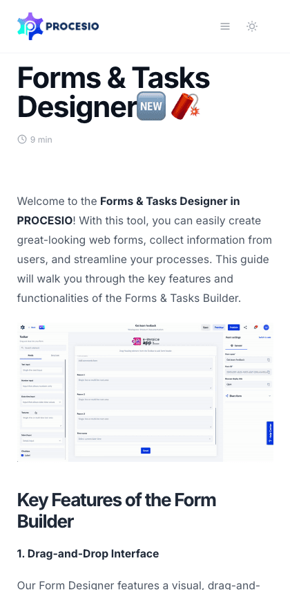 Procesio documentation portal mobile view
