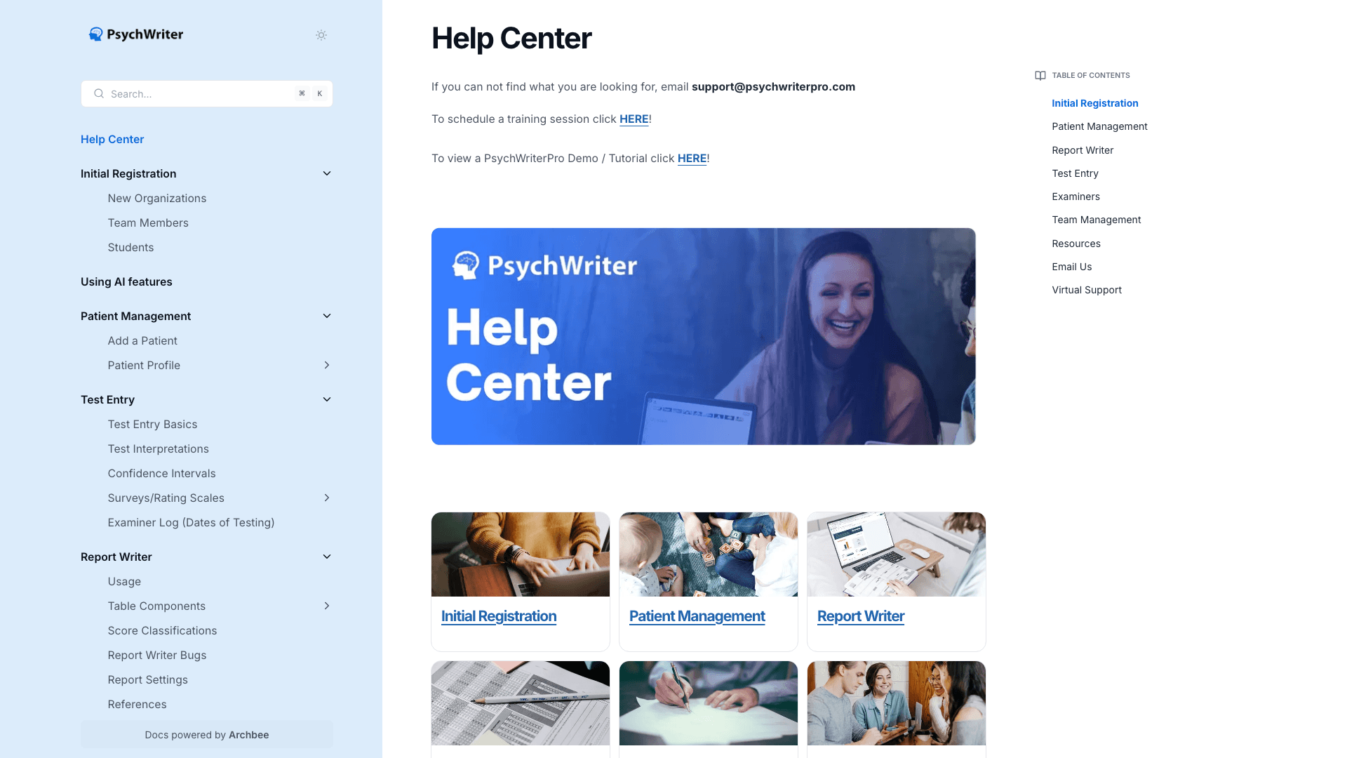 Psych Writer documentation portal desktop view