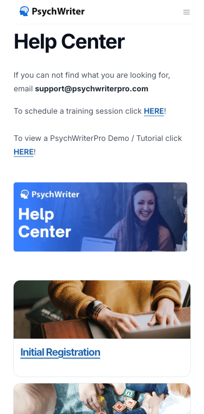 Psych Writer documentation portal mobile view