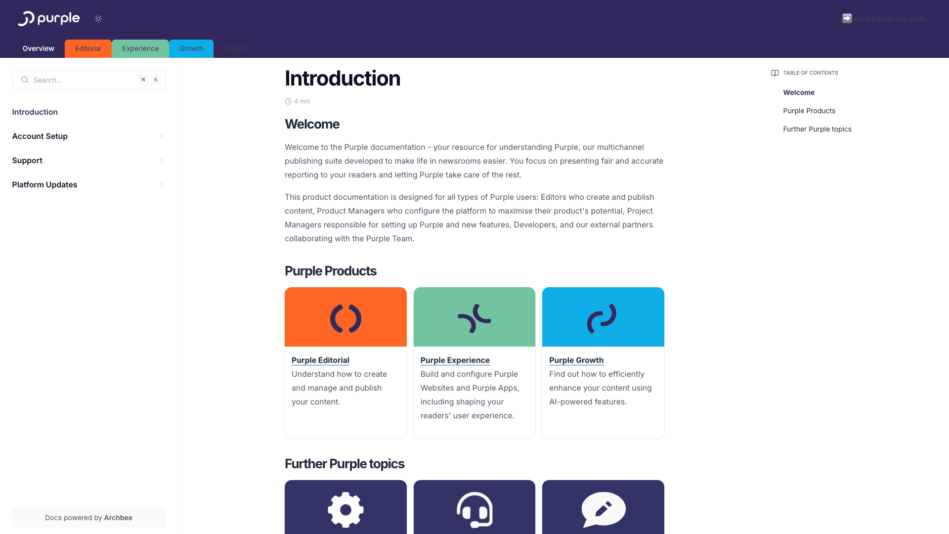PurplePublish documentation portal desktop view