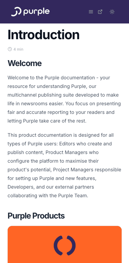 PurplePublish documentation portal mobile view