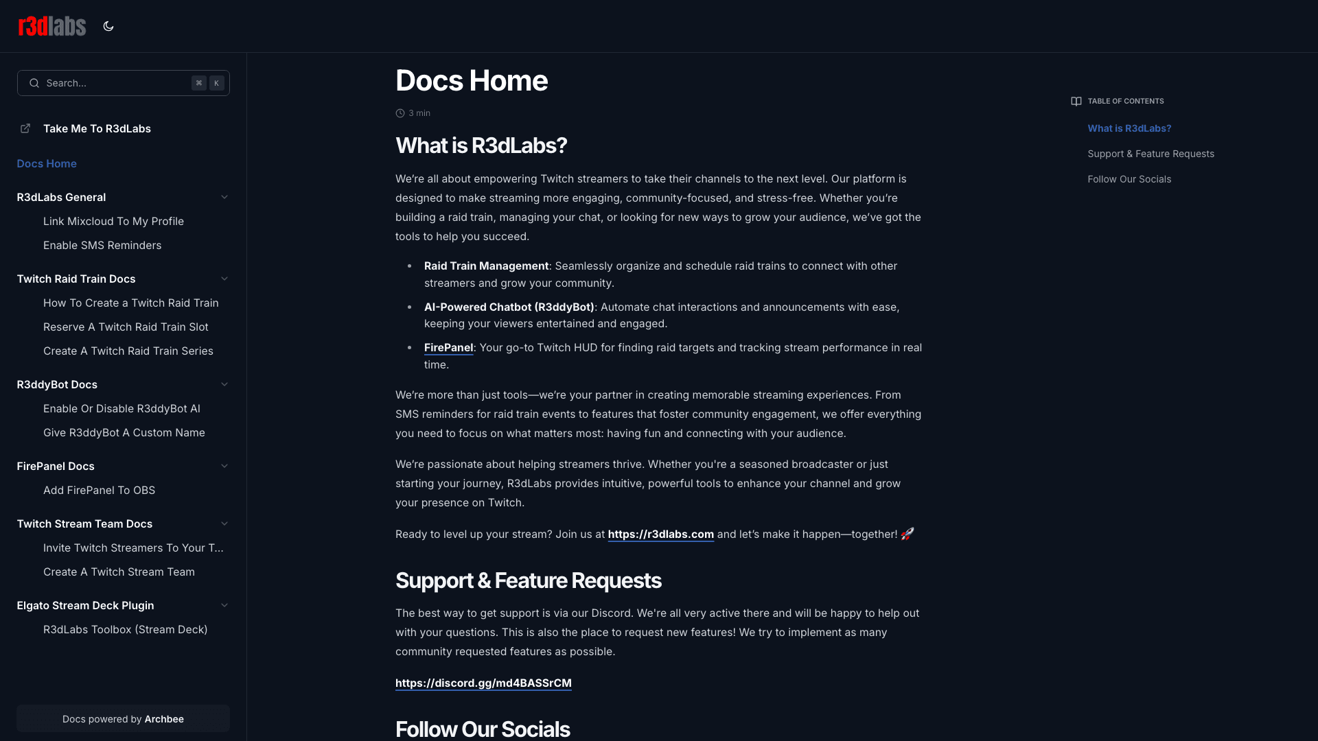 R3dlabs documentation portal desktop view