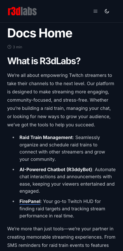 R3dlabs documentation portal mobile view