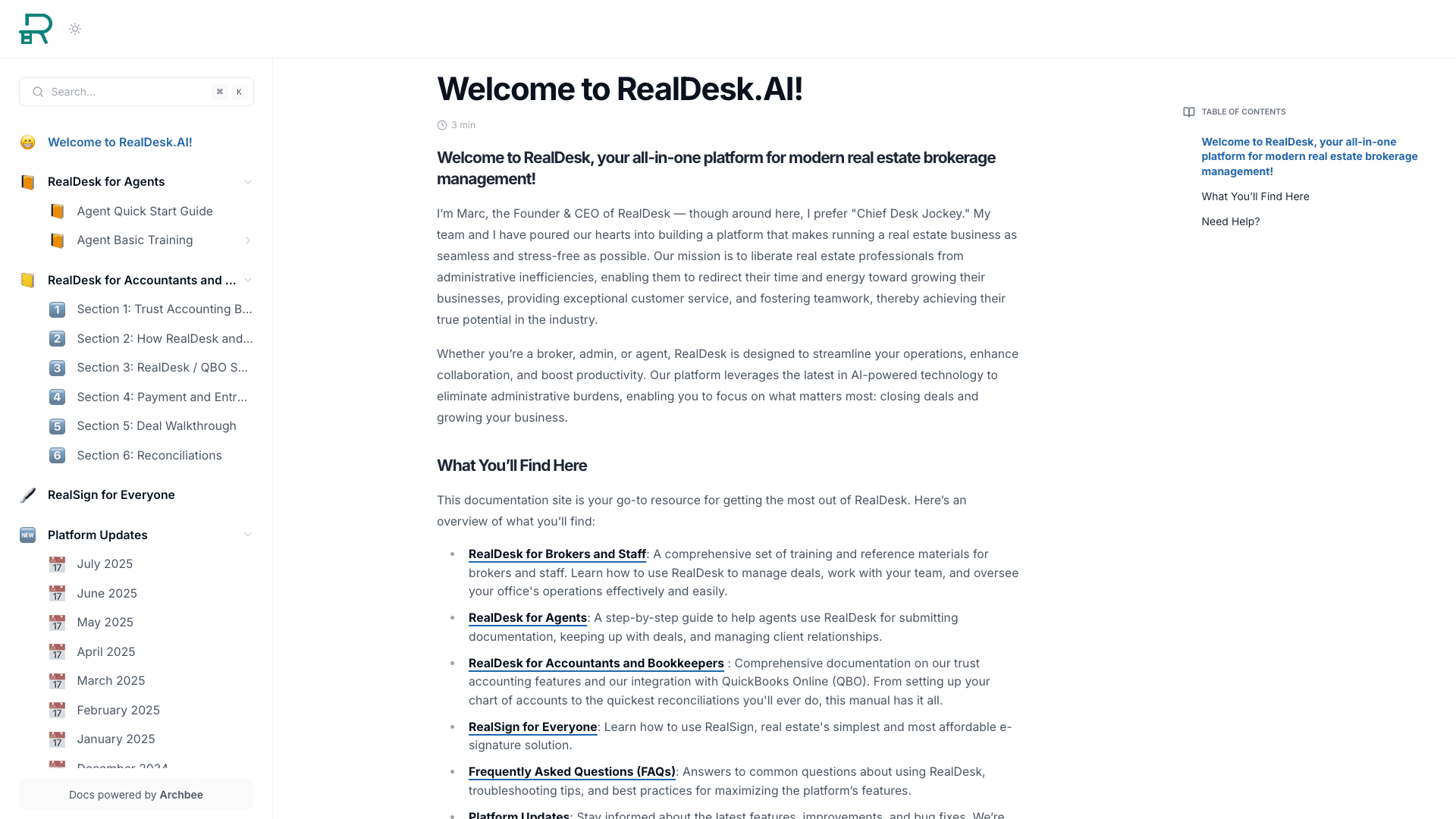 RealdeskAI documentation portal desktop view