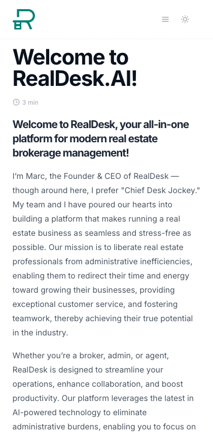 RealdeskAI documentation portal mobile view