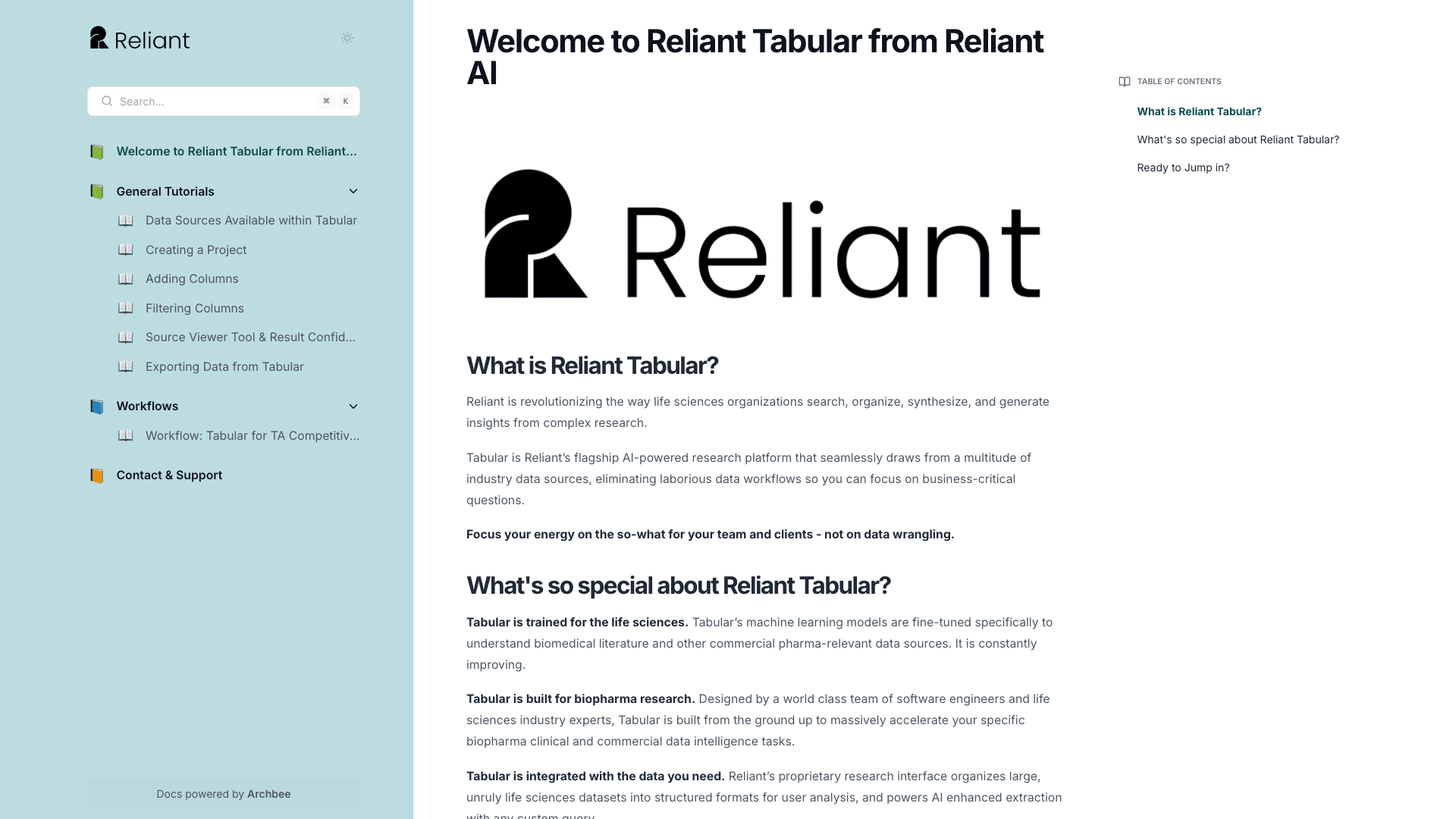 Reliant documentation portal desktop view