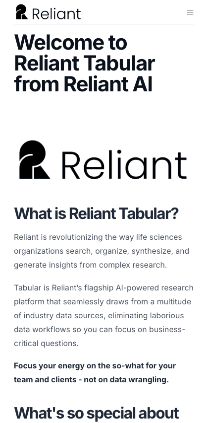 Reliant documentation portal mobile view