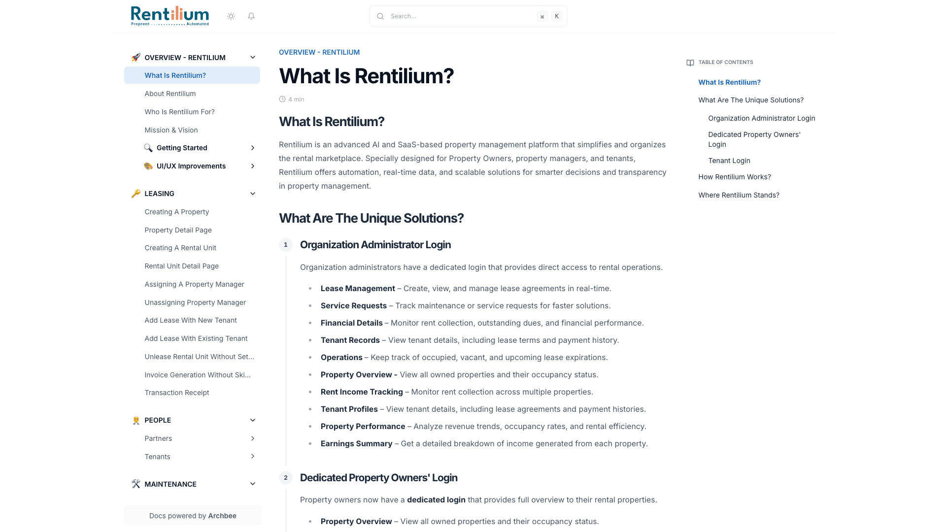 Rentilium documentation portal desktop view