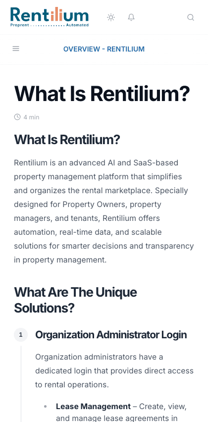 Rentilium documentation portal mobile view