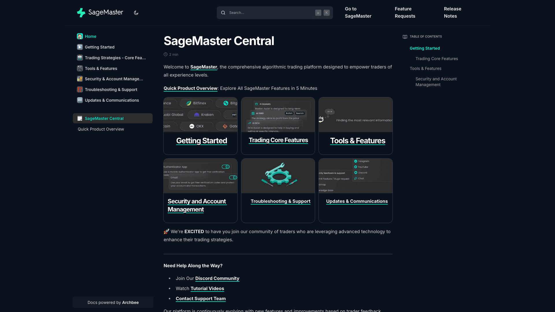 SageMaster documentation portal desktop view