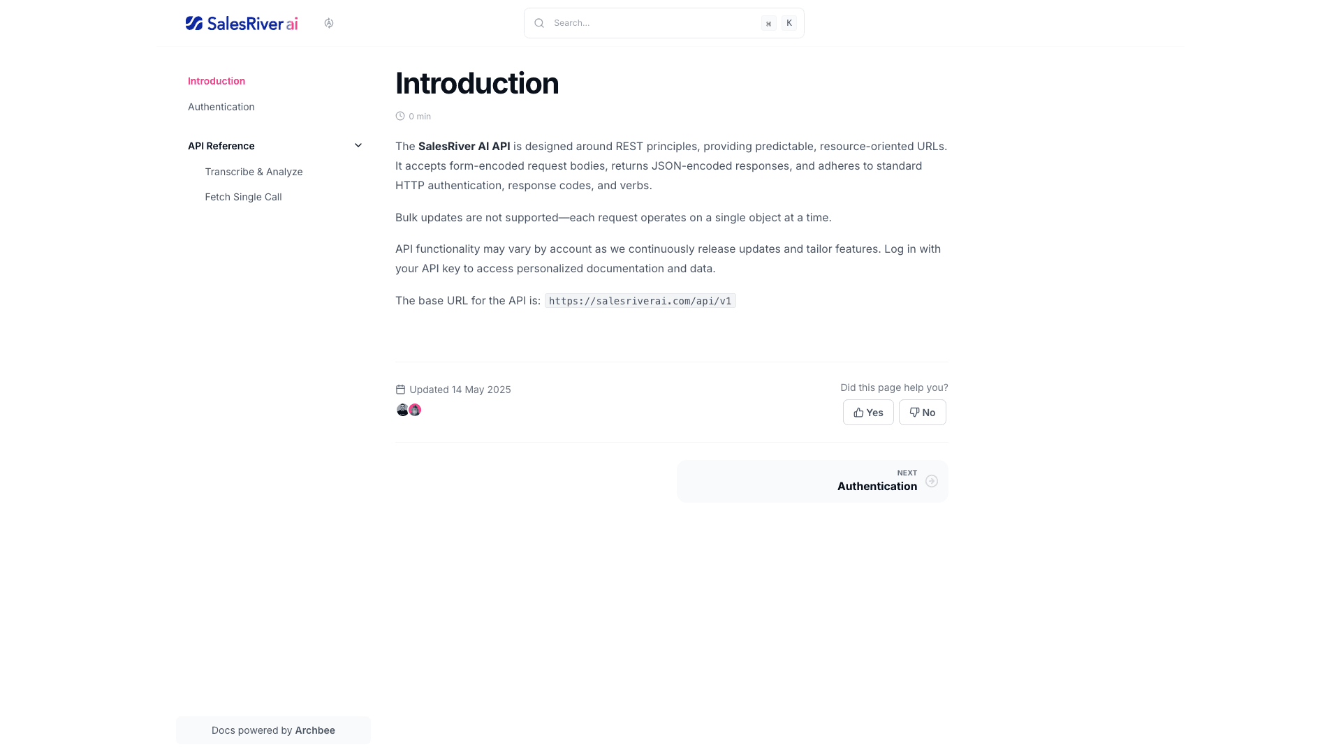 SalesRiver documentation portal desktop view