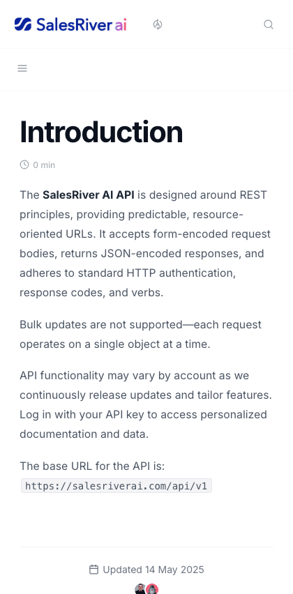 SalesRiver documentation portal mobile view