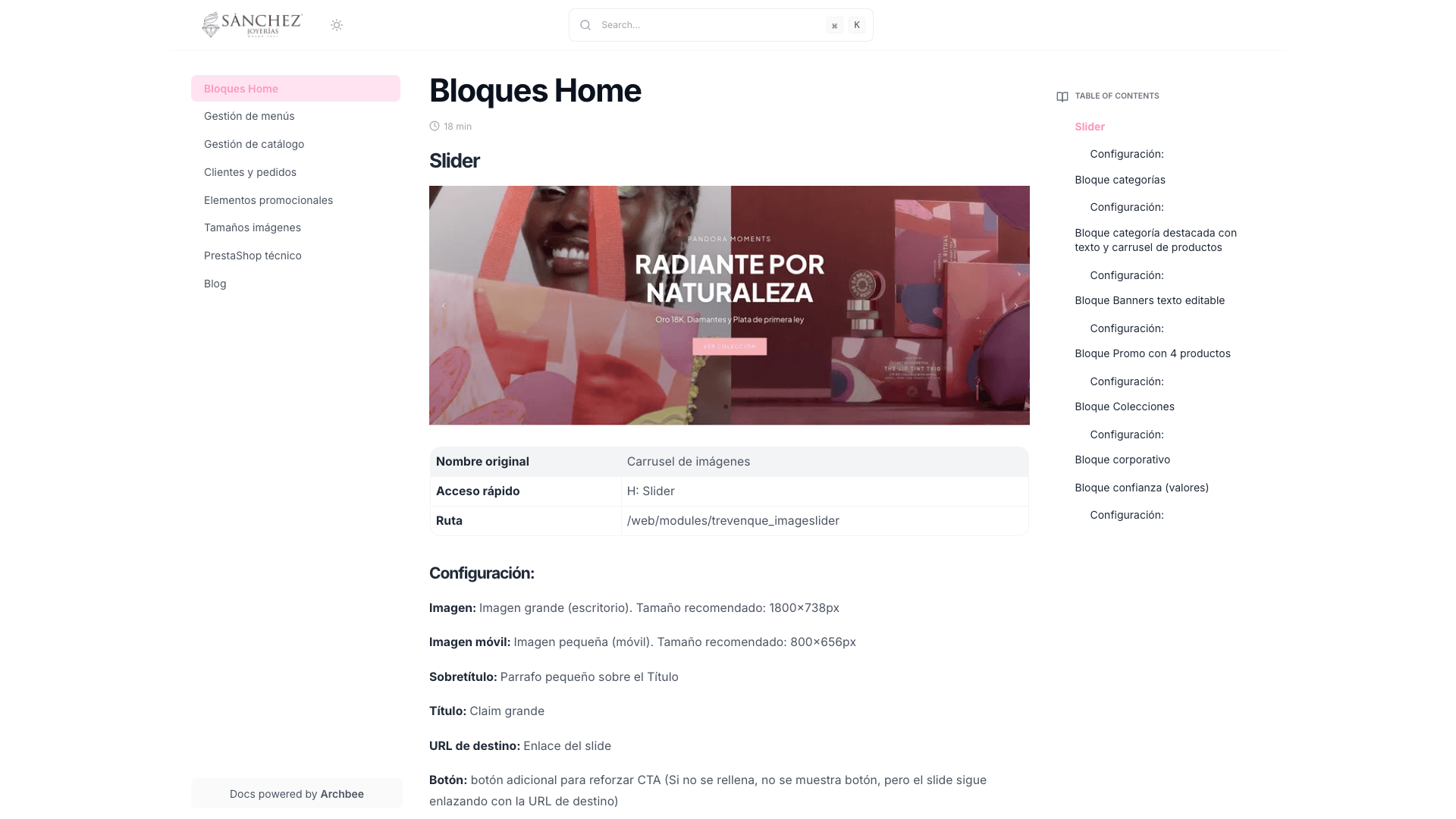 Sanchez Joyerias documentation portal desktop view
